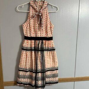 Maeve White and Orange Polkadot Halter Dress with Black Trim Size 0